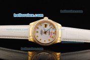 Rolex Datejust Oyster Perpetual Automatic Movement Gold Case with Diamond Markers/Bezel and white Leather Strap