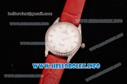 Omega De Ville Prestige Miyota Quartz Steel Case with White MOP Dial Diamonds Bezel and Red Leather Strap