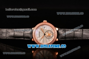 Cartier Rotonde De Swiss Quartz Rose Gold Case with White Guilloche Dial Diamonds Bezel and Black Leather Strap