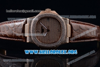 Patek Philippe Nautilus Miyota 9015 Automatic Rose Gold Case with Diamond Dial and Brown Leather Strap