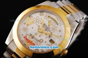 Rolex Day-Date II Oyster Perpetual Automatic Movement Two Tone with Flower Pattern Silver Dial and Gold Bezel