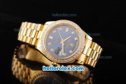 Rolex Day Date II Automatic Movement Full Gold with Diamond Bezel-Blue Dial and Diamond Markers