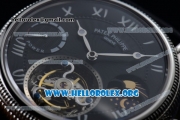 Patek Philippe Grand Complication Swiss Tourbillon Manual Winding Steel Case with Black Dial Roman Numeral Markers and Black Leather Strap