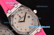 Audemars Piguet Royal Oak Lady Miyota OS2035 Quartz Steel Case with Diamond Bezel Pink Rubber Strap and White Dial