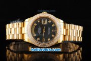 Rolex Day-Date II Automatic Movement Full Gold with Double Row Diamond Bezel-Black MOP Dial and Diamond Markers