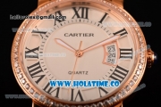 Cartier Rotonde De Miyota Quartz Rose Gold Case with White Dial Diamonds Bezel and Roman Numeral Markers