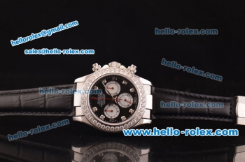 Rolex Daytona Swiss Valjoux 7750-SHG Automatic Diamond Bezel with Black Dial and Black Leather Strap