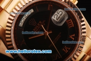 Rolex Day Date Swiss ETA 2836 Automatic Movement Full Rose Gold with Black Dial - Rose Gold Roman Markers