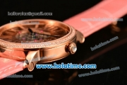 Cartier Rotonde De Swiss Quartz Rose Gold Case with Diamonds Bezel Skeleton Dial and Pink Leather Strap