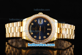 Rolex Day Date II Automatic Movement Full Gold with Diamond Bezel-Blue Dial and Diamond Markers