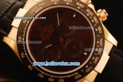Rolex Daytona Chronograph Swiss Valjoux 7750 Automatic Rose Gold Case and Black Dial with PVD Bezel-Black Leather Strap