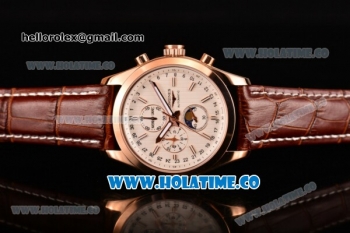 Longines Master Moonphase Miyota OS10 Quartz with Date Rose Gold Case with White Dial Stick Markers and Brown Leather Strap