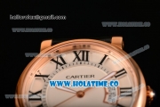 Cartier Rotonde De Miyota Quartz Rose Gold Case with White Dial Roman Numeral Markers and Black Leather Strap