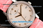 Vacheron Constantin Patrimony Swiss ETA 2824 Automatic Steel Case with Pink Leather Strap White Dial and Diamond Bezel