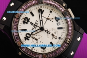 Hublot Big Bang Chronograph Swiss Quartz Movement PVD Case with Diamond Bezel and Purple Rubber Strap-Lady Model