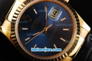 Rolex Datejust Swiss ETA 2836 Automatic Movement Gold Case with Royal Blue Dial and Black Leather Strap