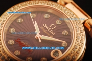 Omega Ladymatic Swiss ETA Quartz Rose Gold Case with Diamond Bezel and Mauve Leather Strap