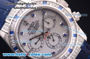 Rolex Daytona Chronograph Swiss Valjoux 7750 Automatic Steel Case with Diamond Bezel and White Dial-Blue Leather Strap