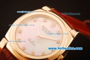 Rolex Cellini Swiss Quartz Rose Gold Case with Pink MOP Dial and Brown Leather Strap-Diamond Markers