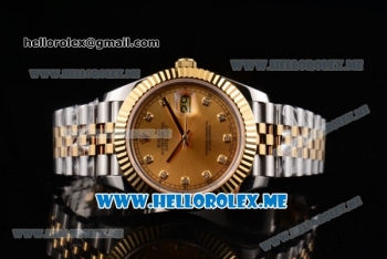 Rolex Datejust II Asia 2813 Automatic Two Tone Case/Bracelet with Yellow Gold Dial and Diamonds Markers (BP)