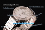 Omega De Ville Ladymatic Swiss Quartz Movement Steel Case Steel Bracelet with Diamond Bezel and White Dial