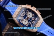 Franck Muller Vanguard Miyota OS20 Quartz Rose Gold Case with Blue Dial Blue Leather Strap Arabic Numeral Markers and Diamonds Bezel