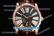 Roger Dubuis Excalibur 36 Miyota 9015 Automatic Rose Gold Case Black Dial With Roman Numeral Markers Brown Leather Strap