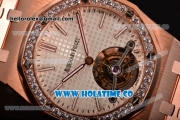 Audemars Piguet Royal Oak 41MM Swiss Tourbillon Manual Winding Full Rose Gold with White Dial Diamonds Bezel and Stick Markers (FT)