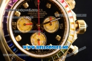 Rolex Daytona Rainbow Swiss Valjoux 7750 Automatic Yellow Gold Case with Black Dial and Black Leather Strap Diamonds Markers (GF)