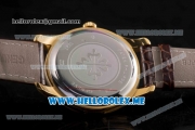 Patek Philippe Calatrava Miyota Quartz Yellow Gold Case with White Dial and Brown Leather Strap Diamonds Markers