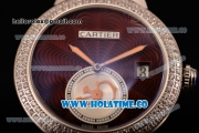 Cartier Rotonde De Swiss Quartz Steel Case with Brown Guilloche Dial Diamonds Bezel and Brown Leather Strap