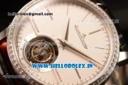 Jaeger-LECoultre Master Swiss Tourbillon Manual Winding Steel Case White Dial Stick Markers With Steel Bezel Black Leather Strap