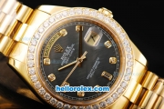 Rolex Day Date II Automatic Movement Full Gold with Diamond Bezel-Black MOP Dial and Diamond Markers