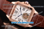 Cartier Santos Tourbillon Asia Automatic Rose Gold Case with White Dial and Brown Leather Strap - Roman Numeral Markers