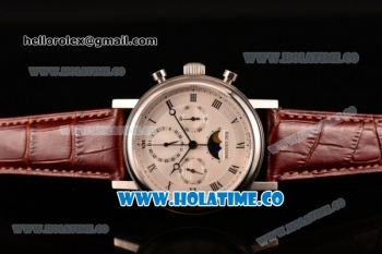 Breguet Grande Complication Moon Phase Chrono Venus 7750 Manual Winding Steel Case with White Dial Brown Leather Strap and Roman Numeral Markers (GF)