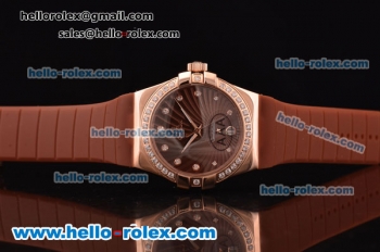 Omega Constellation Swiss ETA Quartz Rose Gold Case with Diamond Bezel and Brown Rubber Strap