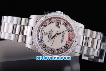 Rolex Day-Date Automatic Diamond Bezel and Roman Hour Marking with Diamonds&White Dial