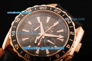 Omega Seamaster GMT Chronograph Miyota Quartz Movement Rose Gold Case with Black Bezel and Black Leather Strap