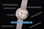 Cartier Ballon Bleu Medium Asia Automatic Steel Case with Silver Dial Grey Leather Strap and Diamonds Bezel (YF)