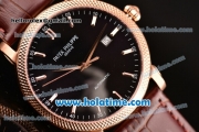 Patek Philippe Calatrava Swiss ETA 2824 Automatic Rose Gold Case with Black Dial and Brown Leather Strap