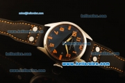 IWC Pilot Swiss Quartz Steel Case with Black Dial and Black Leather Strap-Orange Markers