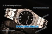 Audemars Piguet Royal Oak 33MM Miyota Quartz Steel Case/Bracelet with Black Dial Stick Markers and Diamonds Bezel (EF)