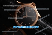 Patek Philippe Calatrava Miyota 9015 Automatic Rose Gold Case with Black Dial Black Leather Strap and Diamonds Markers Diamonds Bezel