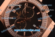 Hublot Classic Fusion Chronograph Miyota Quartz Rose Gold Case - Diamond Bezel with Black Dial and Black Rubber Strap - 7750 Coating