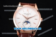 Patek Philippe Complications Miyota 9015 Automatic Rose Gold Case with White Dial Stick Markers and Brown Leather Strap