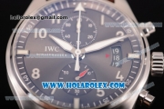 IWC Pilot's Watch Spitfire Chronograph Swiss Valjoux 7750 Automatic Steel Case with Grey Dial Arabic Numeral Markers and Brown Leather Strap