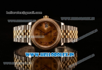 Rolex Datejust 37mm Swiss ETA 2836 Automatic Two Tone with Gold Dial and Roman Diamods Markers Diamonds Bezel