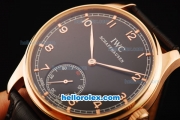 IWC Portuguese Asia 6497 Manual Winding Movement Rose Gold Case with Black Dial and Rose Gold Arabic Numerals-Black Leather Strap