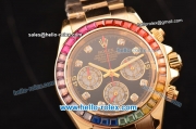 Rolex Daytona Chronograph Miyota OS20 Quartz Gold Case/Strap with Colorful Diamond Bezel and Black Dial