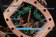 Richard Mille Tourbillon RM 057 Dragon Swiss ETA 2824 Automatic Rose Gold&Diamonds Case with Black Rubber Strap and Green Dragon Dial